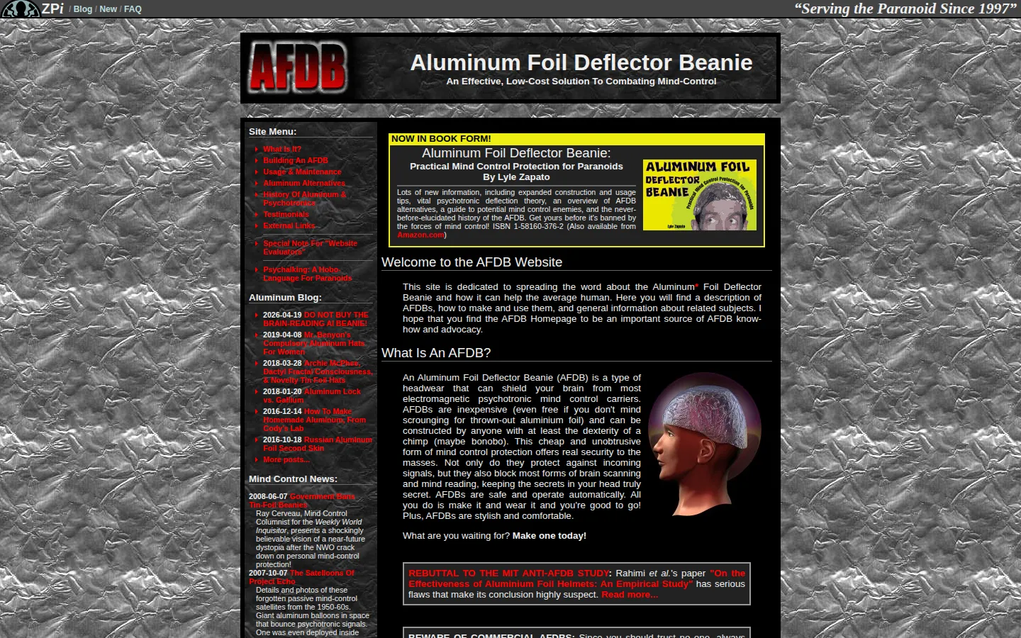 Aluminum Foil Deflector Beanie website homepage screenshot
