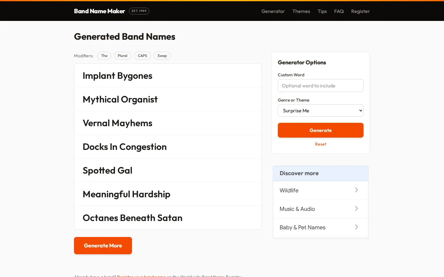 Band names website homepage screenshot