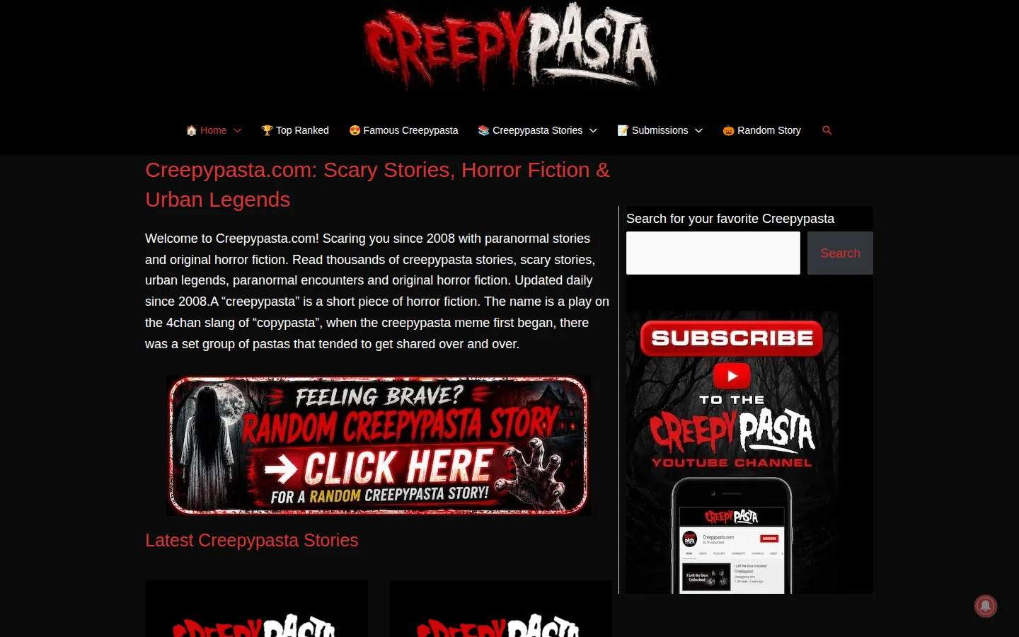Creepypasta website homepage screenshot