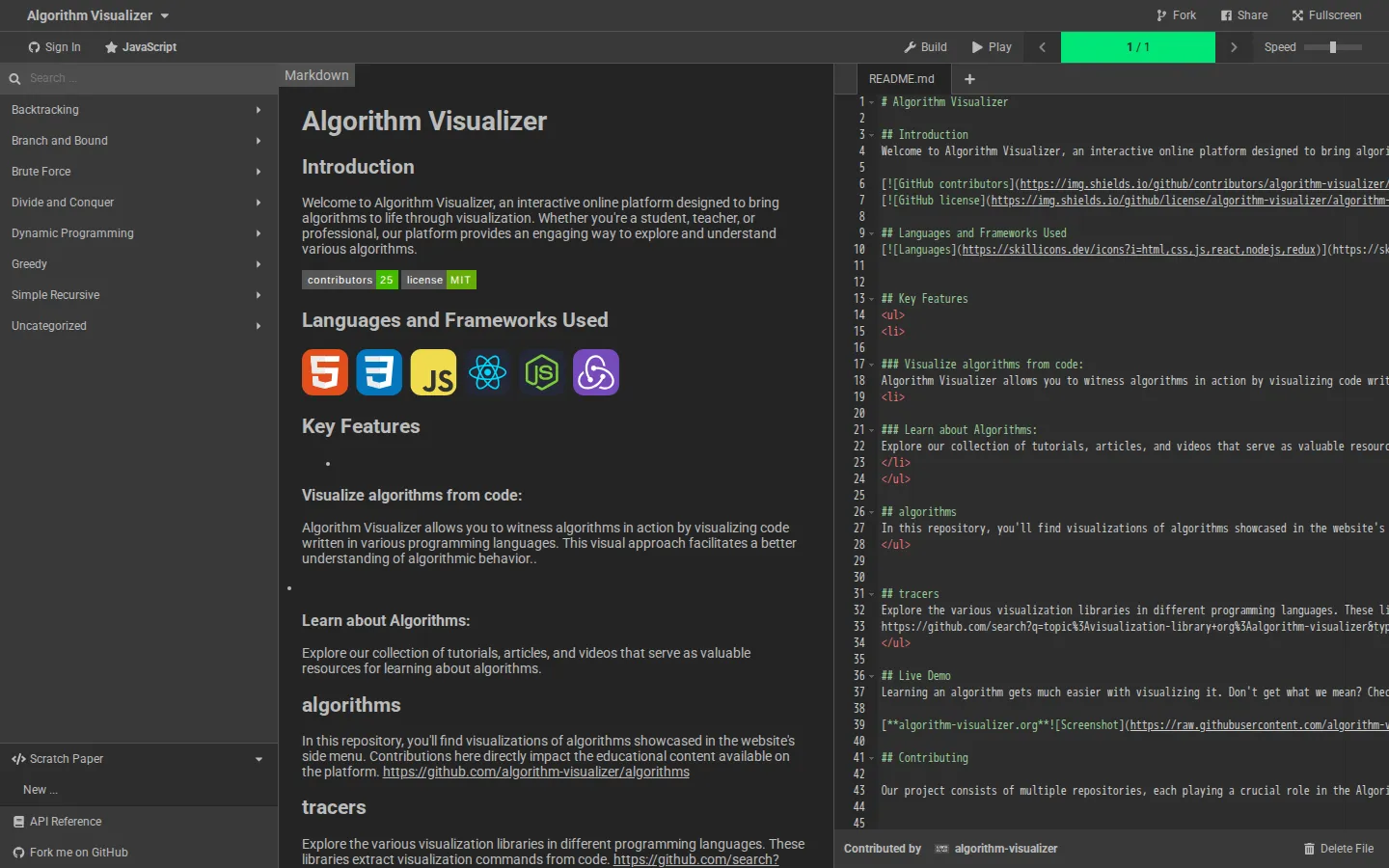 Algorithm Visualizer website homepage screenshot