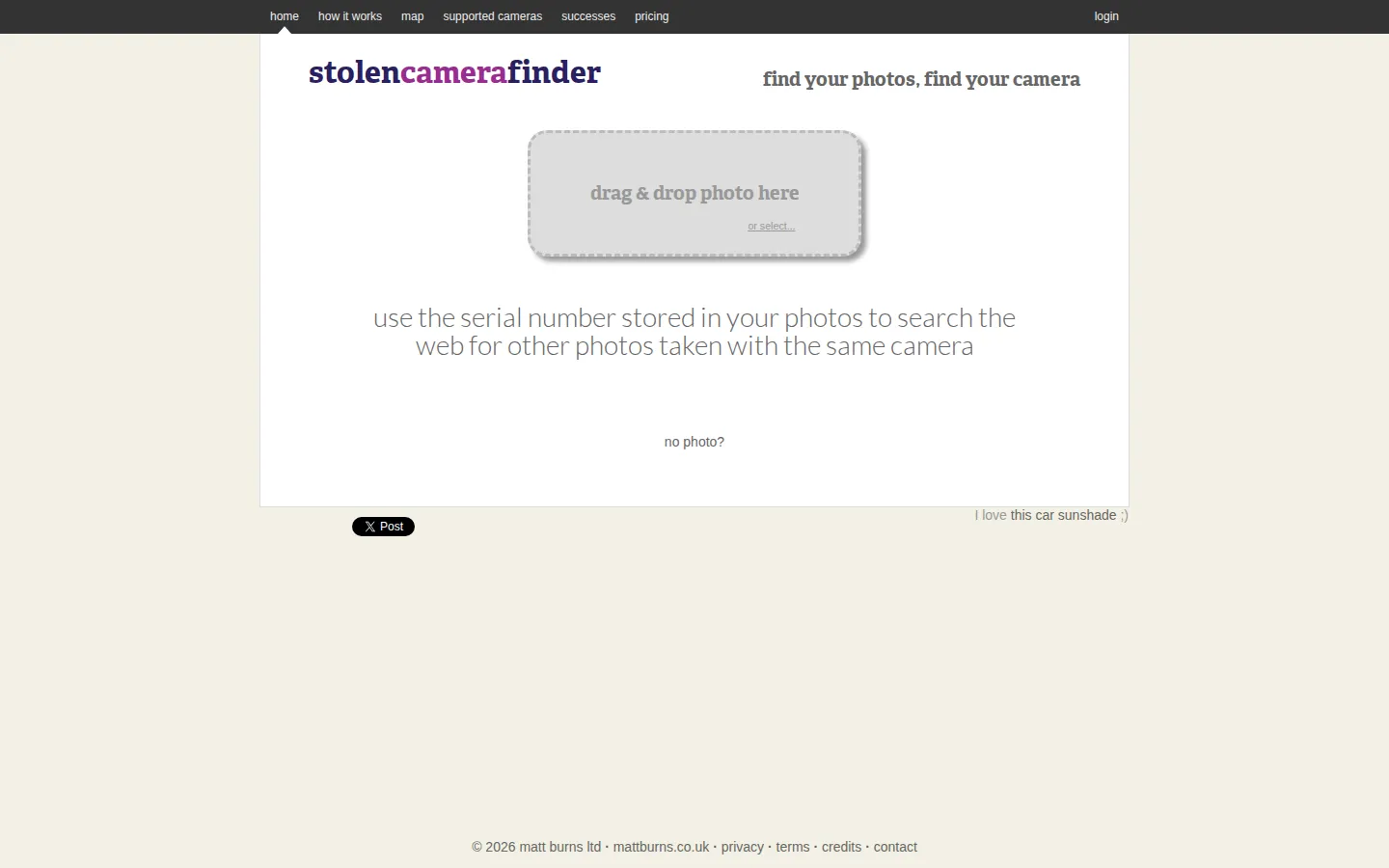 Stolen Camera Finder website homepage screenshot
